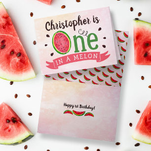 Eén op een meloen op de eerste verjaardag kaart