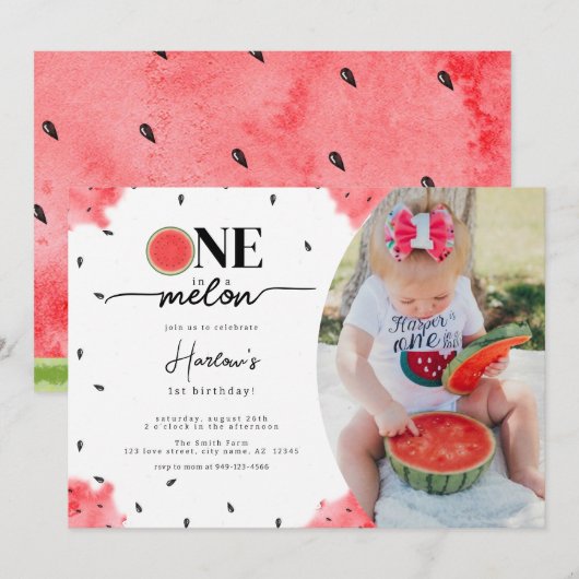 Eén op een Melon Foto 1st Birthday Uitnodiging (Voorkant / Achterkant)