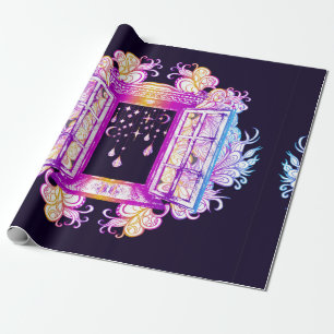 Een open  venster met slangen tegen een achtergron cadeaupapier