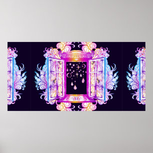 Een open venster met slangen tegen een achtergron poster