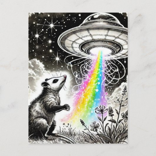 Een opossum en een ufo briefkaart (Voorkant)