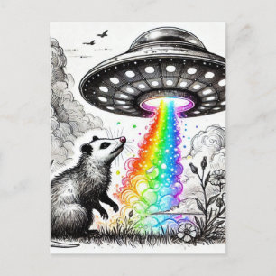 Een opossum met een paar vogels en een ufo briefkaart