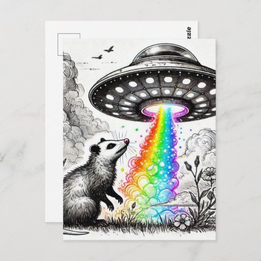 Een opossum met een paar vogels en een ufo briefkaart (Voorkant / Achterkant)