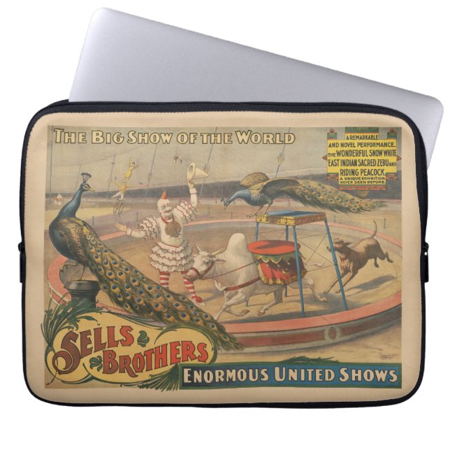 Een optredende zebu en pauw met clown trainer laptop sleeve (Voorkant)