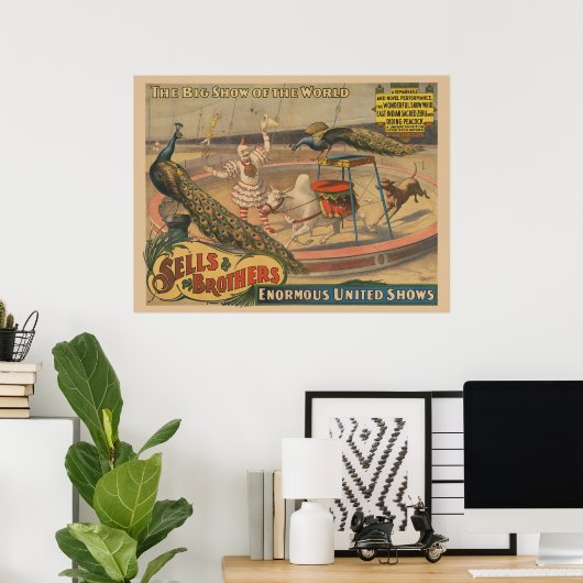 Een optredende zebu en pauw met clown trainer poster (Thuiskantoor)