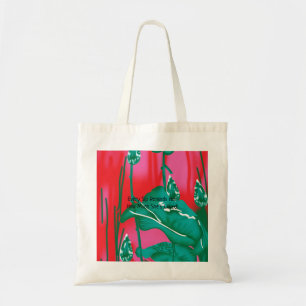 Een opvallende rode en groene sjaal met bloemen en tote bag
