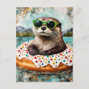Een otter op vakantie in een drijvende donut briefkaart