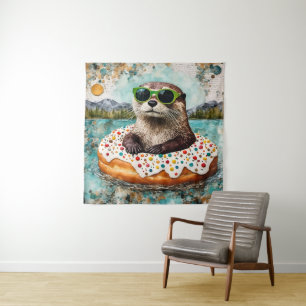 Een otter op vakantie in een drijvende donut wandkleed