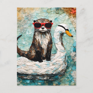 Een otter op vakantie op een drijvende zwaan briefkaart