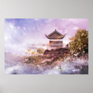 Een oud Chinees gebouw op een bergtop Poster