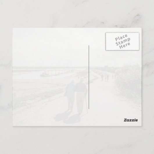 Een oud echtpaar dat op straat loopt briefkaart (Achterkant)