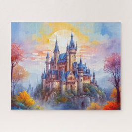 Een oud magisch kasteel in de ochtendmist legpuzzel