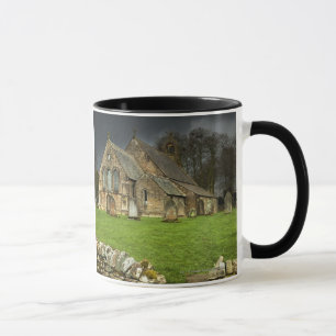 Een oude kerk onder een donkere hemel mok