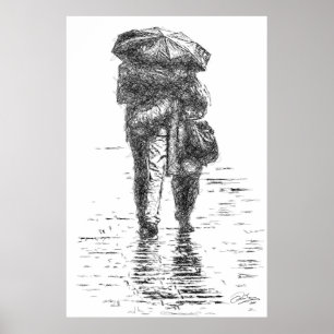 Een paar lopen in de regen poster