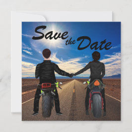 Een paar rijdende motorfietsen op een zonnige brui save the date