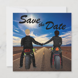 Een paar rijdende motorfietsen op een zonnige brui save the date