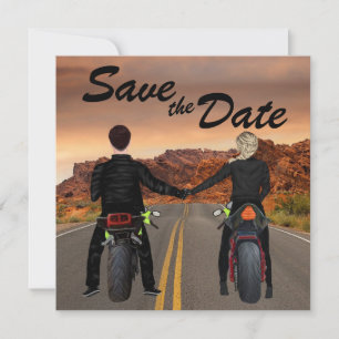 Een paar rijdende motorfietsen op het Rocky Highwa Save The Date