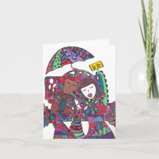 een paar wachten op de bus op een briefkaart