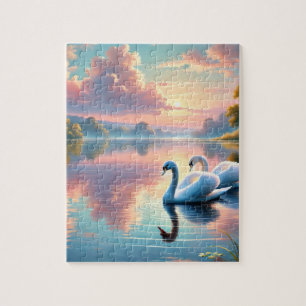 Een paar zwanen glijden over een serene meer legpuzzel