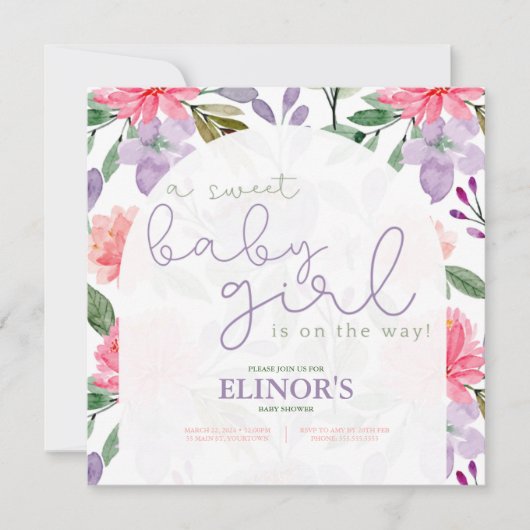 Een Paars meisje met een snoepje en een roze Baby Kaart (Voorkant)