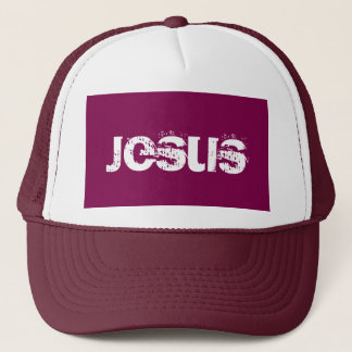 Een Paarse Jesus Trucker Hat Pet