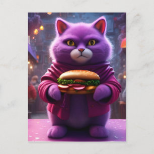 Een Paarse kat met een cheeseburger Briefkaart