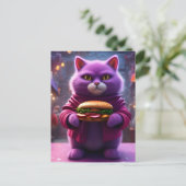 Een Paarse kat met een cheeseburger Briefkaart (Staand voorkant)