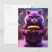 Een Paarse kat met een cheeseburger Briefkaart (Voorkant / Achterkant)