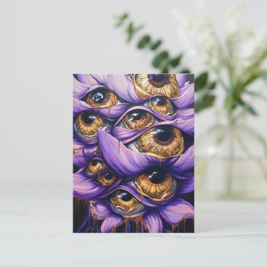 Een Paarse surrealistische bloem met gouden oogbol Briefkaart (Staand voorkant)