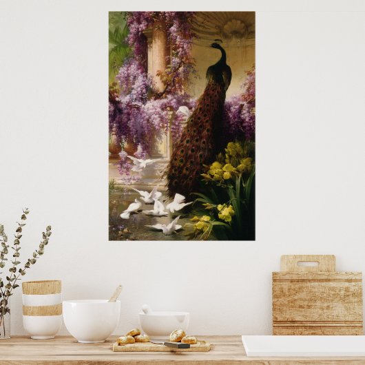 Een pacock en stippen in een tuinprinter poster (Keuken)