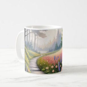 Een pad tussen bosbomen en wilde bloemen koffiemok
