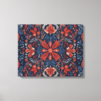 Een patroon van bloemen en bladeren blauw rood canvas afdruk