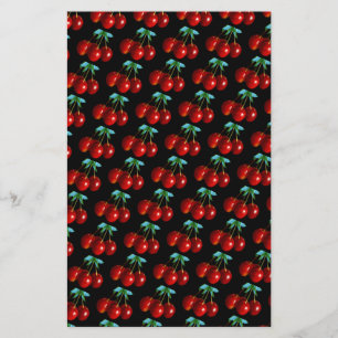 Een patroon van rode kersen op stengels bladeren o