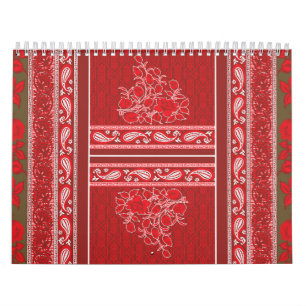 Een patterend kunstwerk met rode en bruine tinten, kalender