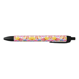 Een pen met een kleurrijk, bloemmotieflichaam