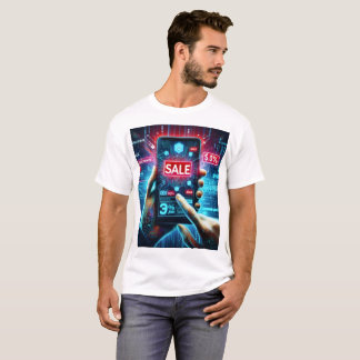 Een persoon die een telefoon vasthoudt met het woo t-shirt