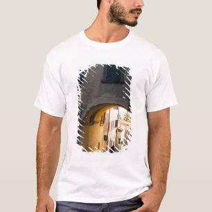 Een persoon die onder een boog loopt, beneden een  t-shirt