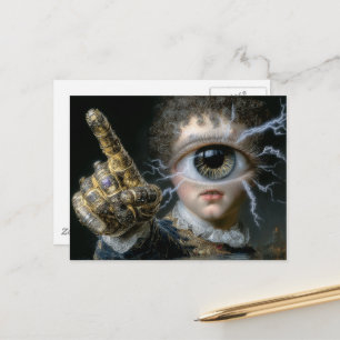 Een persoon met één oog die met een vinger wijst briefkaart