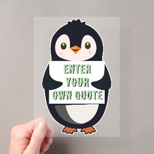 Een pinguïn die een bord vasthoudt met aanpasbare acryl uitnodigingen