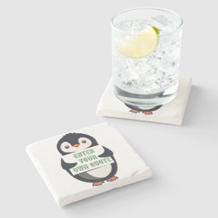 Een pinguïn die een bord vasthoudt met aanpasbare stenen onderzetter