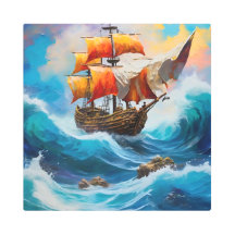Een piratenschip in een golf van water