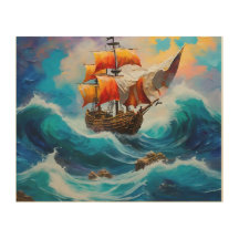 Een piratenschip in een golf van waterhouten muurk