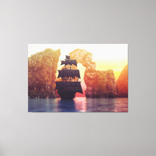 Een piratenschip van een eiland bij zonsondergang canvas afdruk