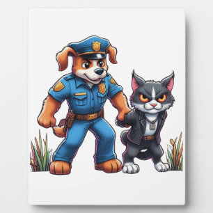 een politiehond en een gemene kat - humor fotoplaat