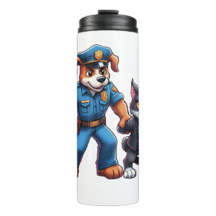 een politiehond en een gemene kat - humor thermosbeker