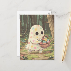 Een polka dot geest met een mand van eieren briefkaart