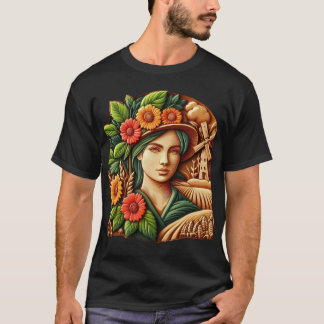 Een portret van een natuurlijke in een houtsnijsti t-shirt