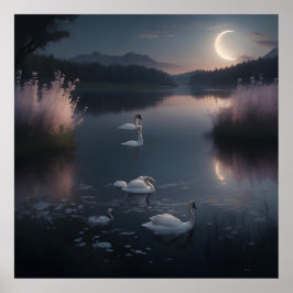 Een prachtig maanverlicht meer omringd poster