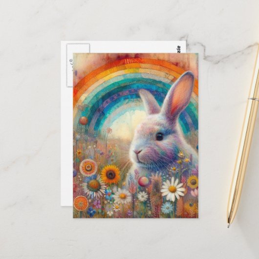 Een prachtig regenboogkonijn in wilde bloemen briefkaart (Voorkant / Achterkant in situ)