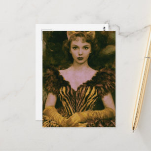Een prachtige vrouw in een jurk met een grote kata briefkaart